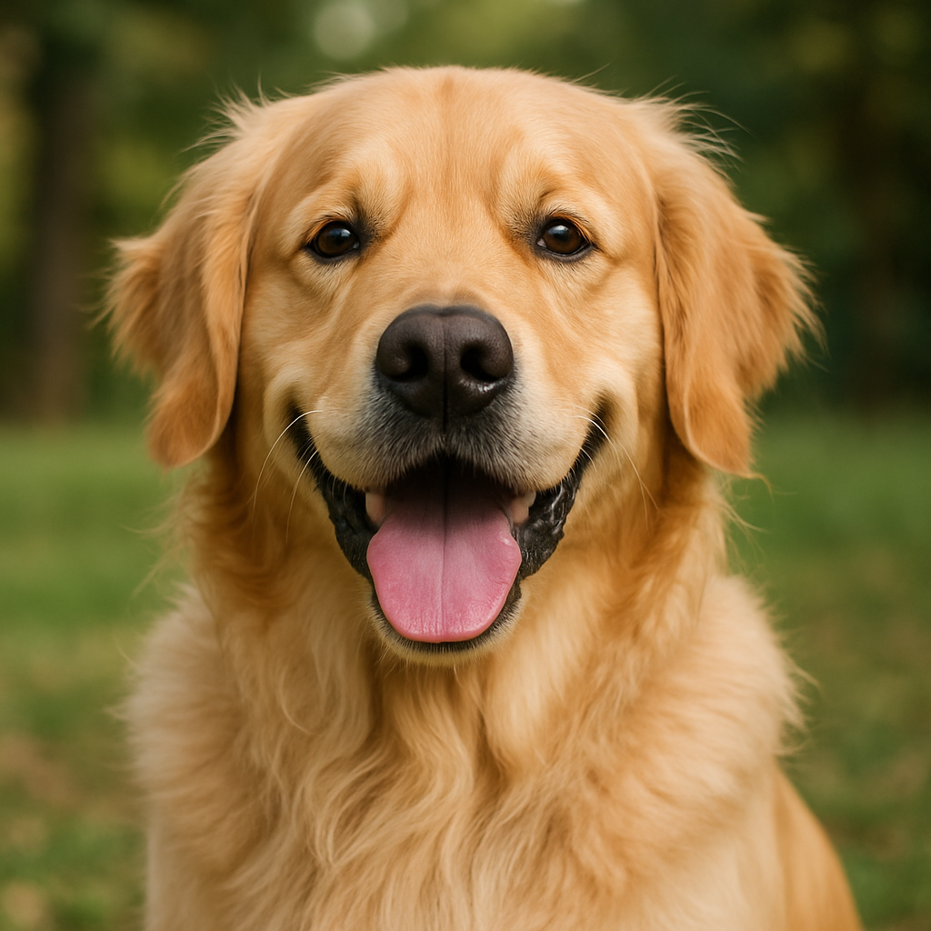 realistic image of a golden retriever looking happy, None
