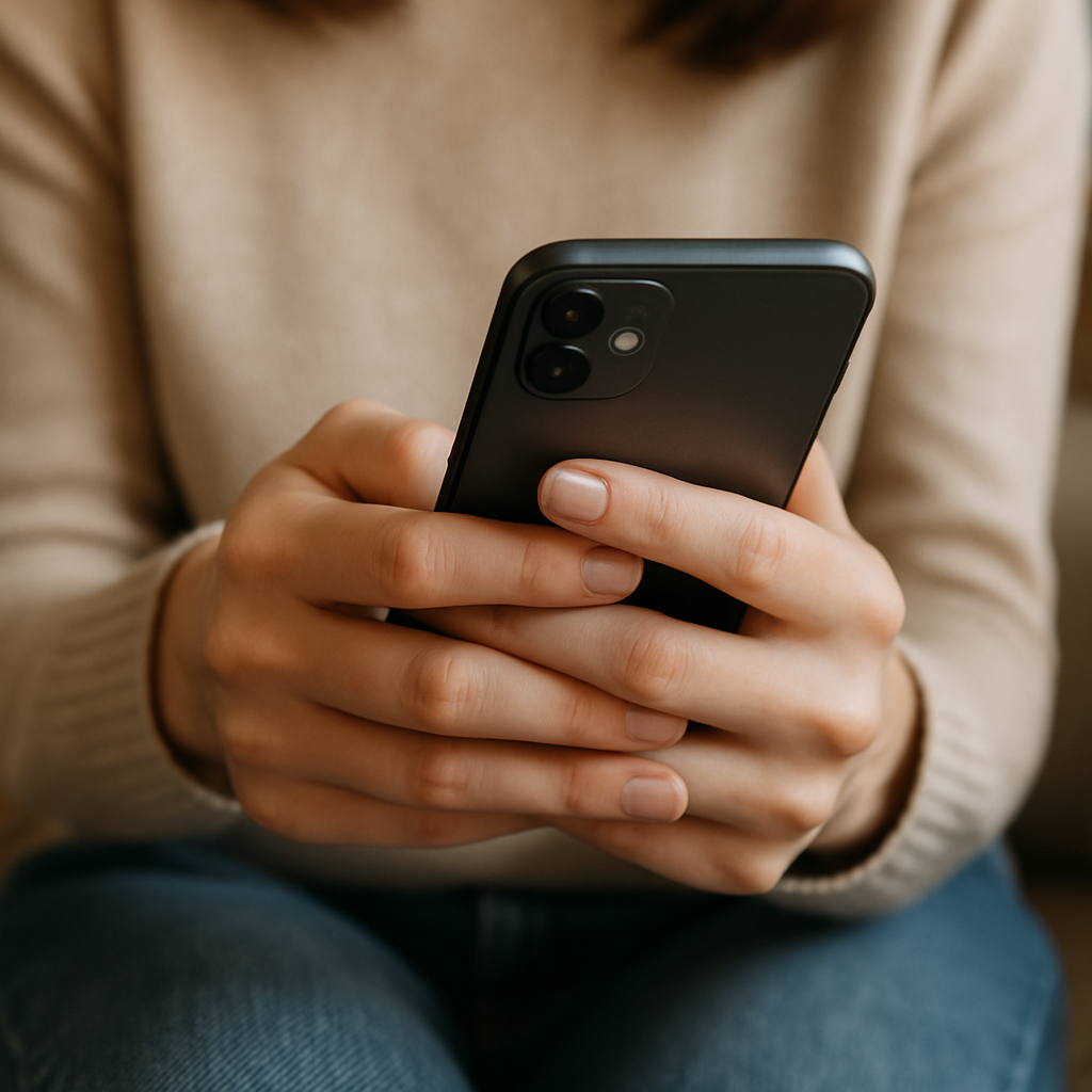 realistic photo, closeup, woman's hands holding a mobile phone
, None